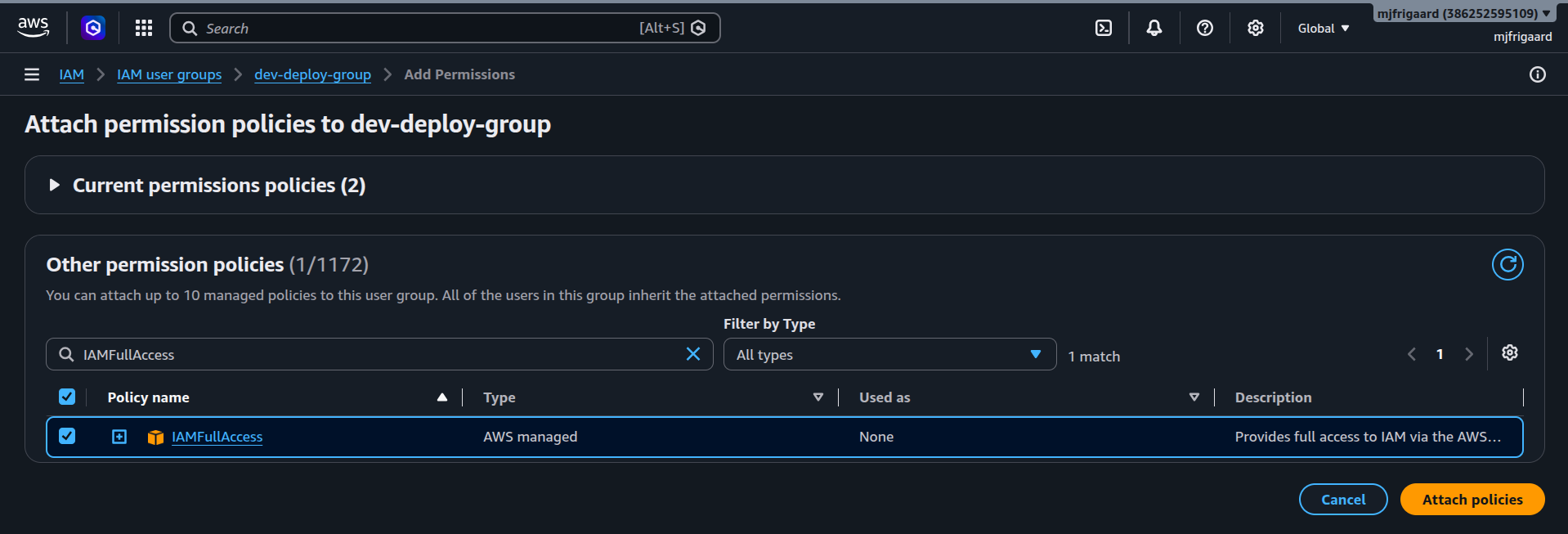 Click to enlarge attaching permissions to IAM user groups