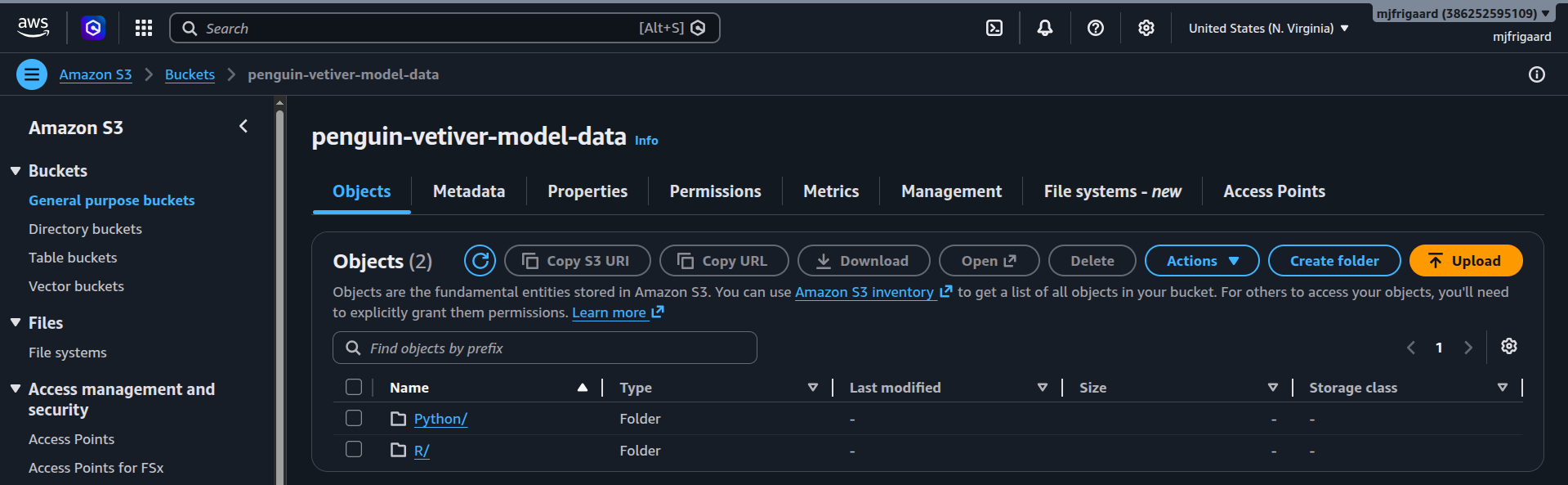 Click to enlarge S3 bucket with penguin model data