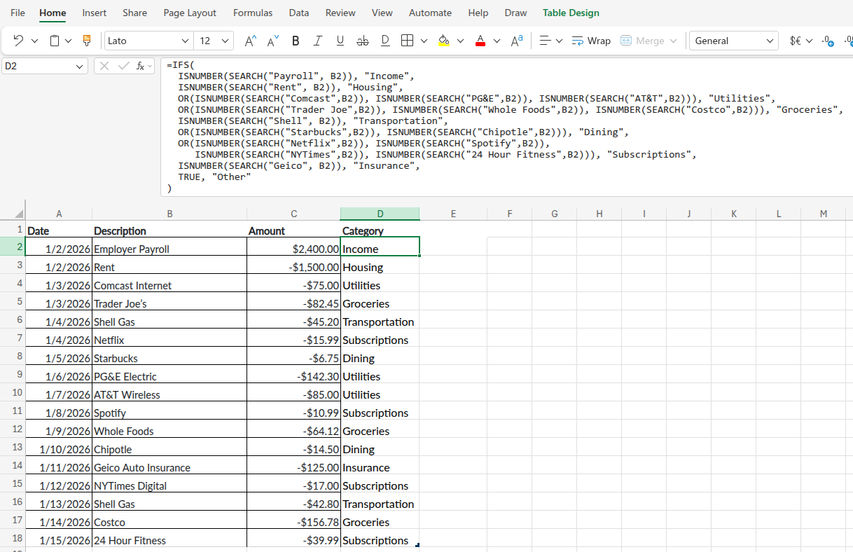 IFS() in Excel