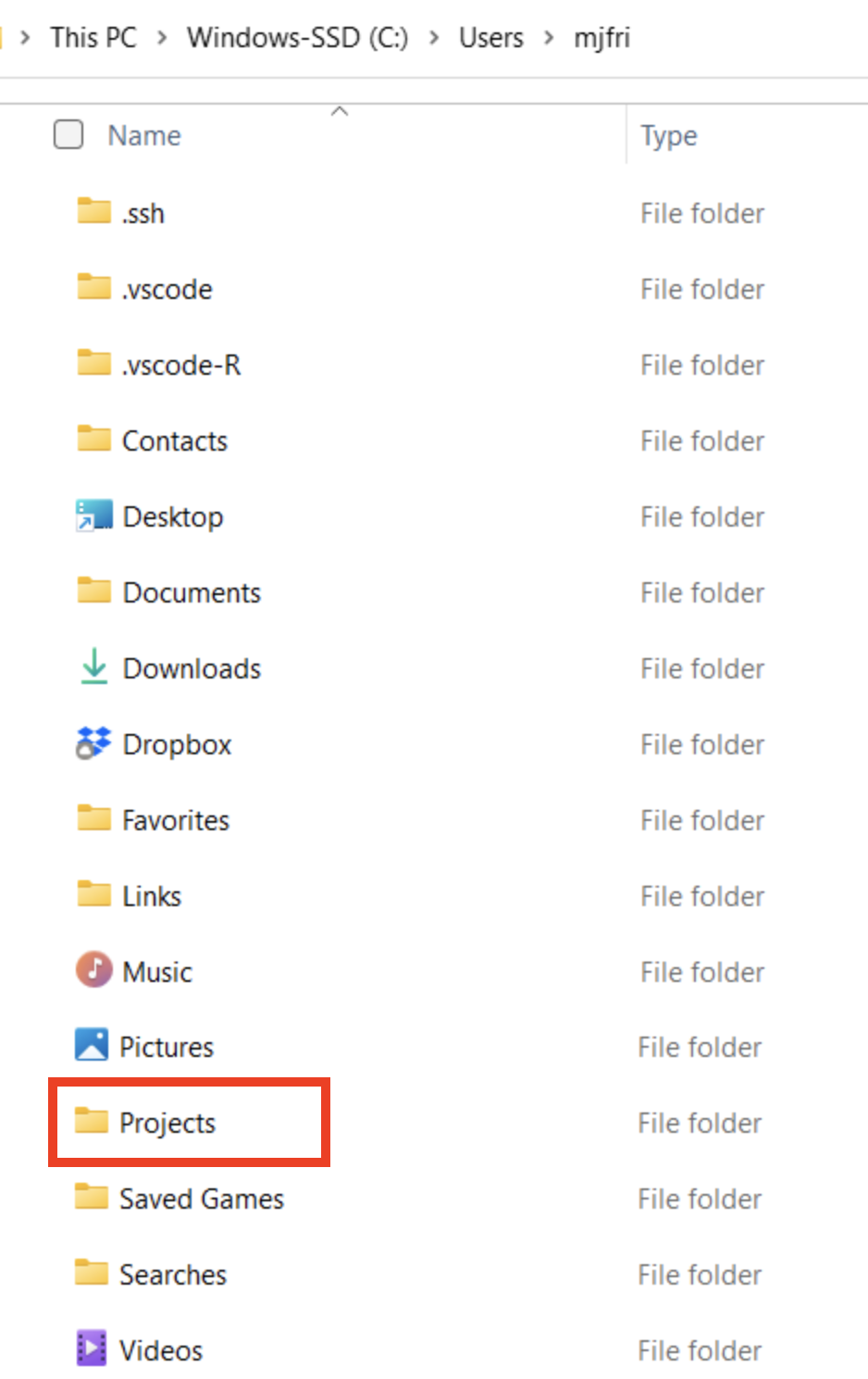 folder structure on Windows